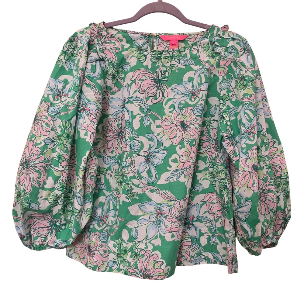 Lilly Pulitzer Womens Green Pink Floral Puff Sleeve Cotton Blouse Size 8 - Picture 1 of 8